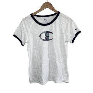 Champion Womens White Heritage Ringer T-Shirt Floral Logo Medium